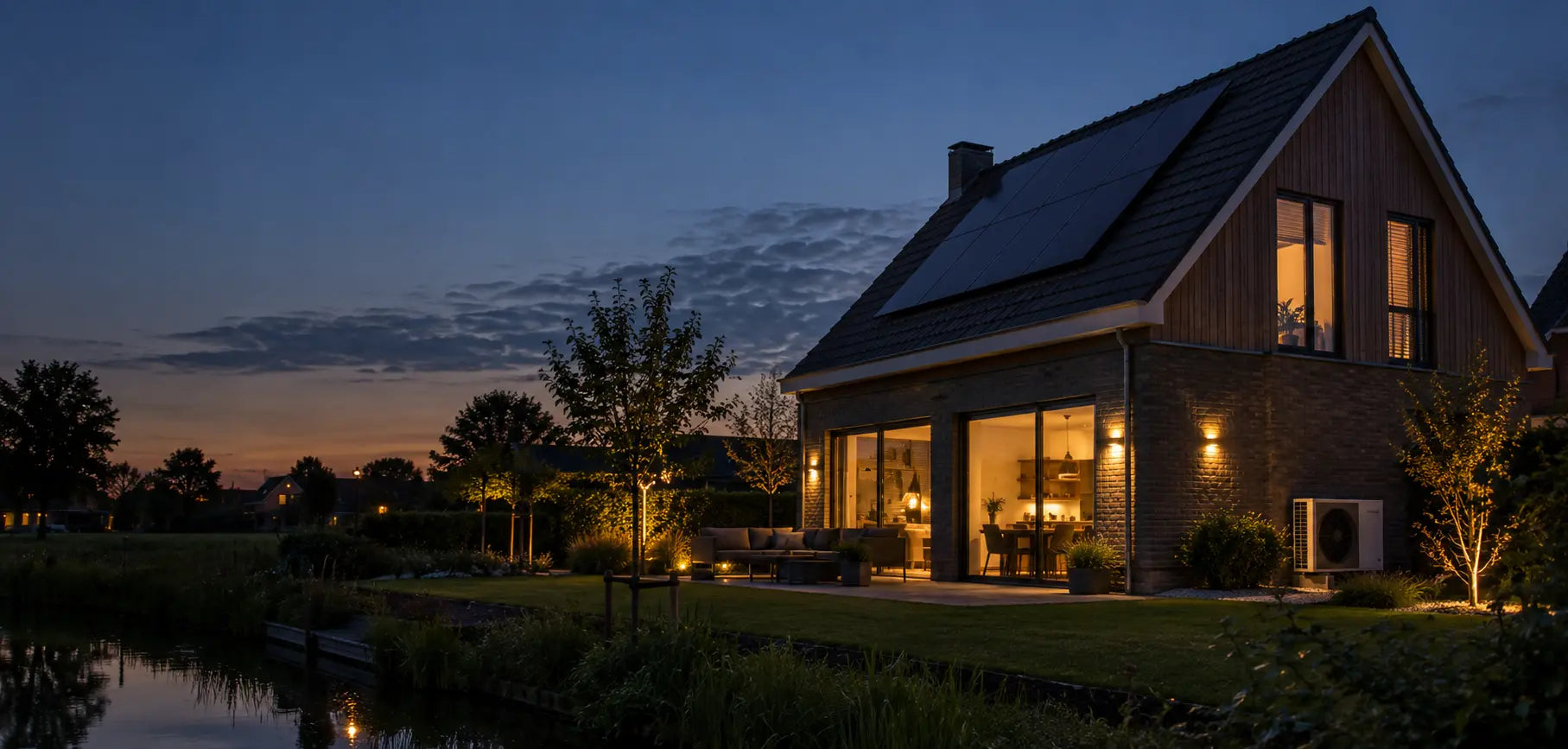 Energiezuinige woning met zonnepanelen in de avond