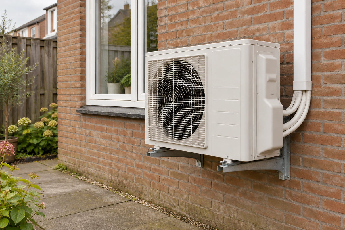 Illustratief beeld van een airco-buitenunit bij een Nederlandse woning