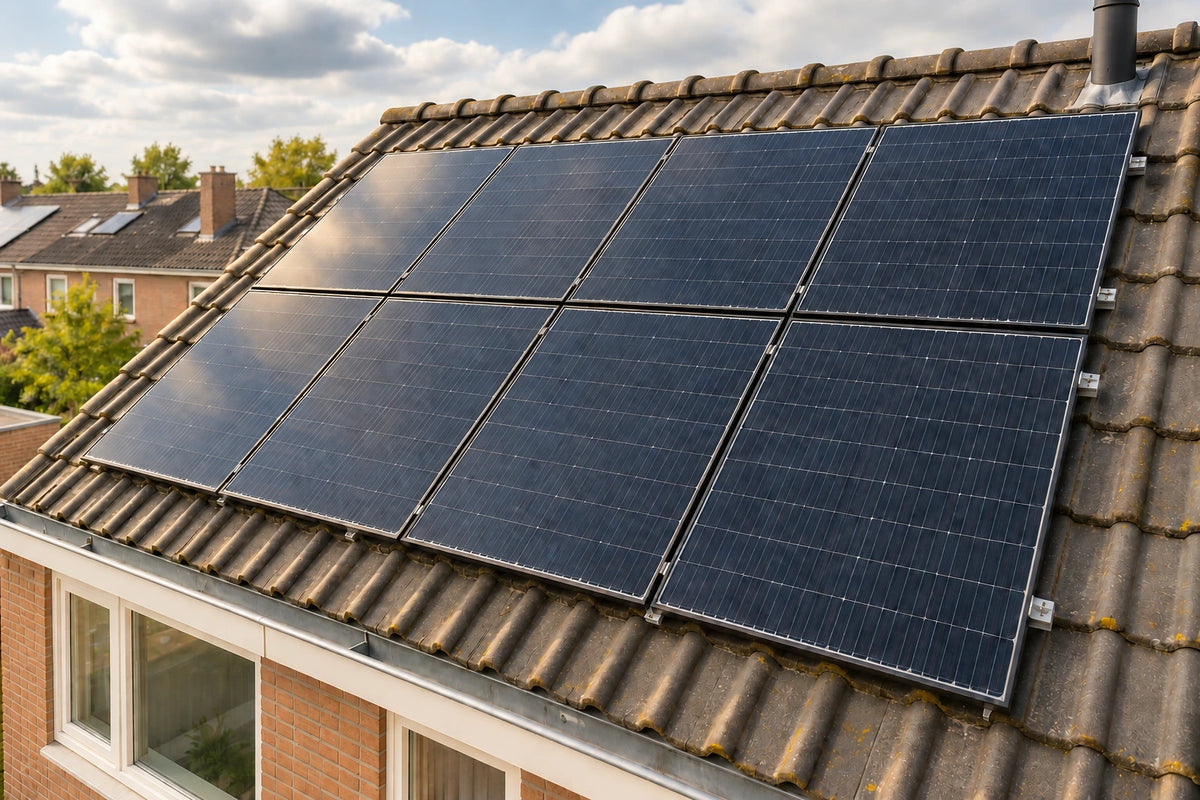 Illustratief beeld van zonnepanelen op een Nederlands pannendak bij zacht zonlicht